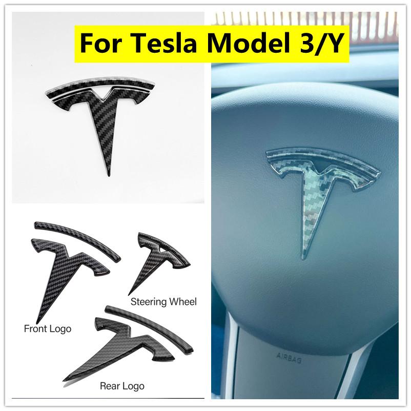 

Для Tesla Model 3/Y, чехол с логотипом автомобиля, наклейка из углеродного волокна ABS, 3 шт./компл., рулевое колесо/передний багажник/задний багажник с логотипом