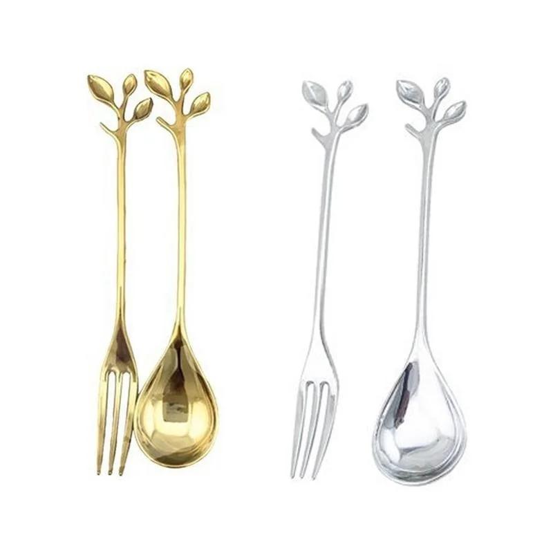 1PC Alloy Gold Shaped Leaves Silver Copper Coffee Forks Fork Kitchen Cutlery Dining Room Snack Bar Sweet Dinner Set 12cm