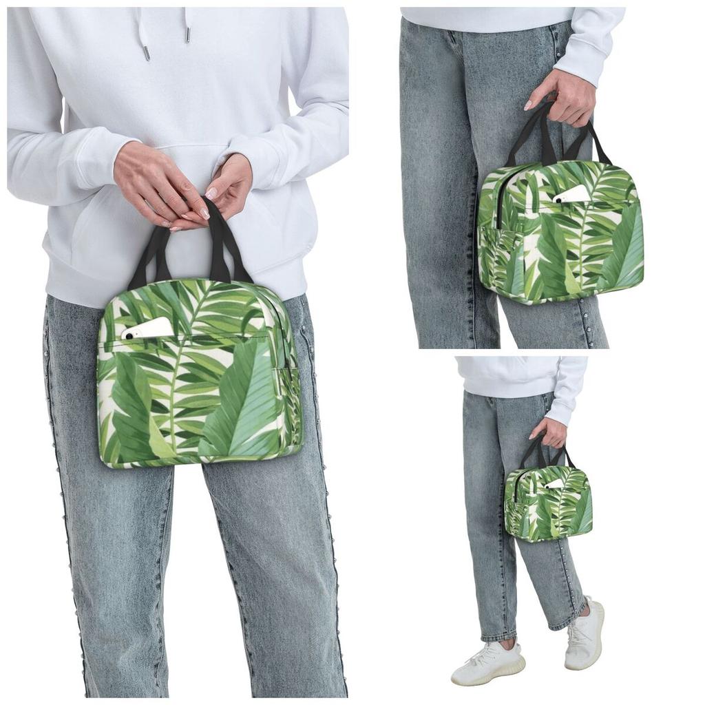 Green Tropical Leaf Print Insulated Lunch Bag for Kids School Cooler Thermal Food Box Tote Portable Lunch Boxes Container