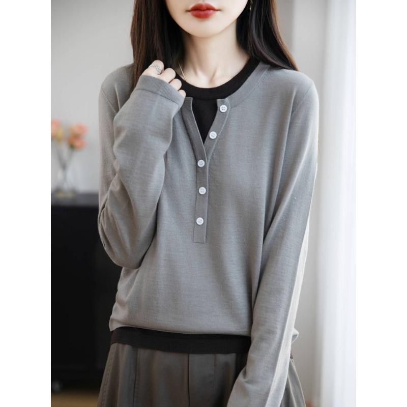 Autumn Winter Round Neck Fake Two Pieces Patchwork Sweater Women Casual All-match Pullover Knitting Top