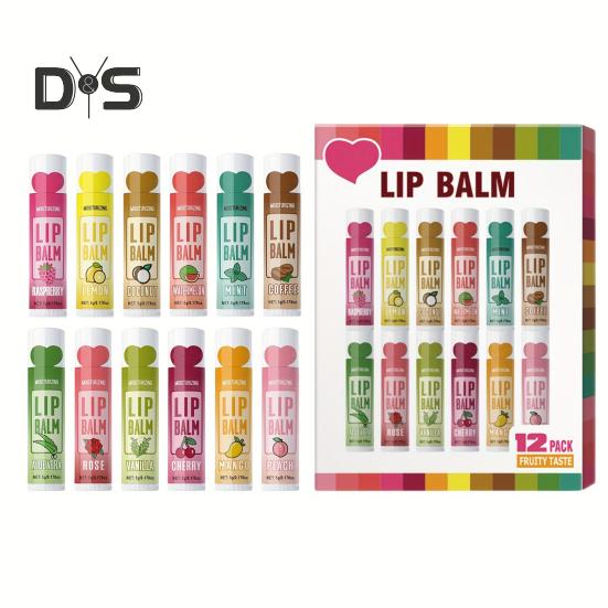 12Pcs/Box Deep Moisturizing Lip Balm 5g Long-Lasting Hydrates Nourishes Repair Lips Balm 12 Flavors Protects Heals Nourishing Lip Care for All Skin