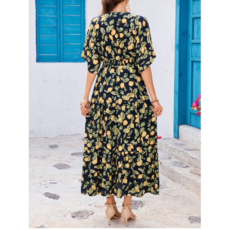 Seaside Style Summer New Bohemian Deep V-neck Rayon Printing Batwing Sleeve Waist Hugging Dress Vacation Skirt
