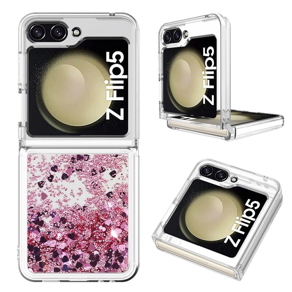 

For Samsung Galaxy Z Flip5 5G TPU Case Glitter Quicksand Shockproof Phone Back Cover Rose Gold/Hearts