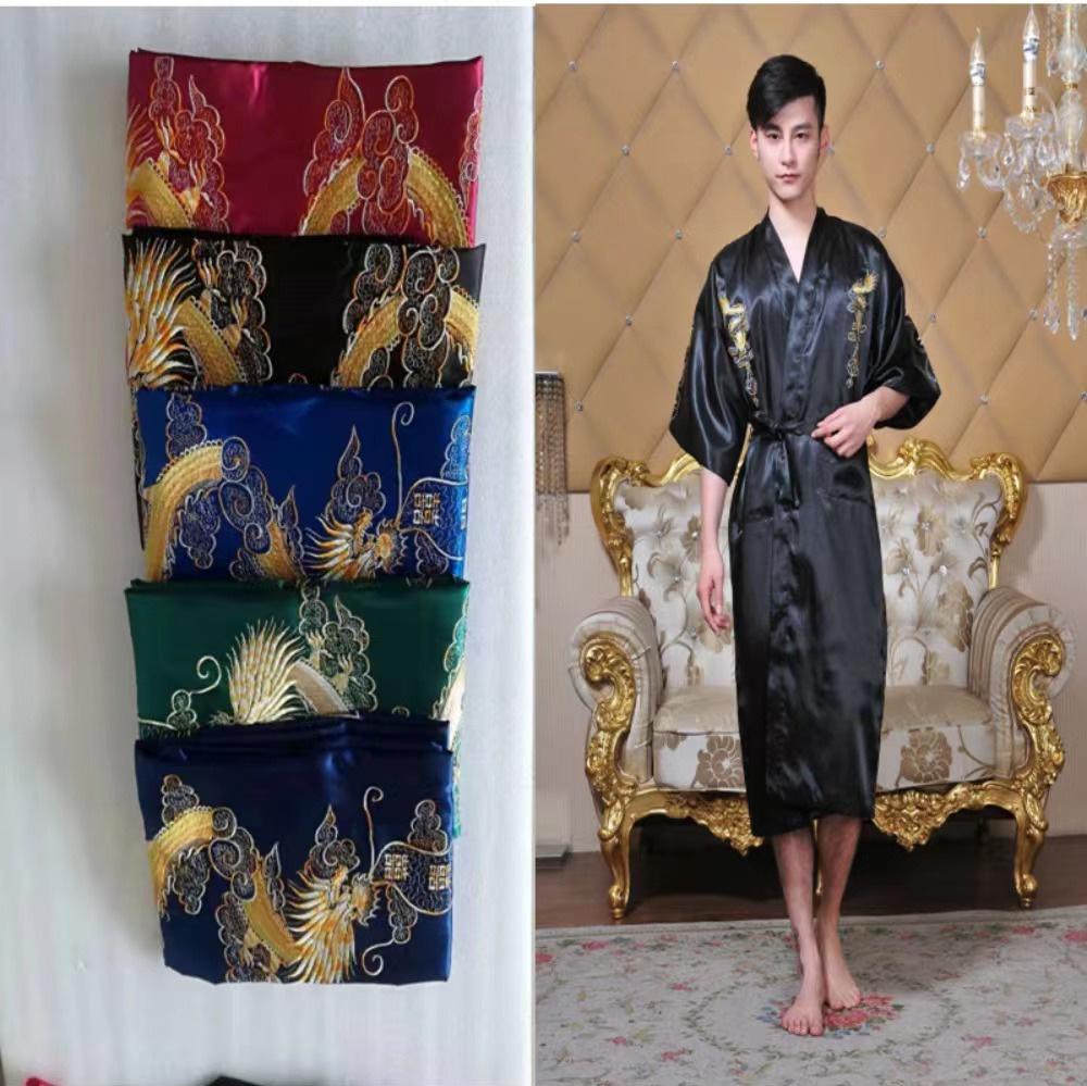 Men's Embroidered Silk Dragon Robe - Chinese Style Long Bathrobe