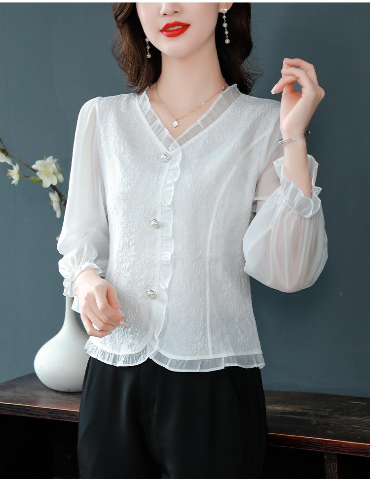Elegant Ladies Shirts Chiffon Shirt Female Short Small Shirt Spring, Summer and Fall Chic Beautiful Belly-shading Long-sleeved T-shirt Tops