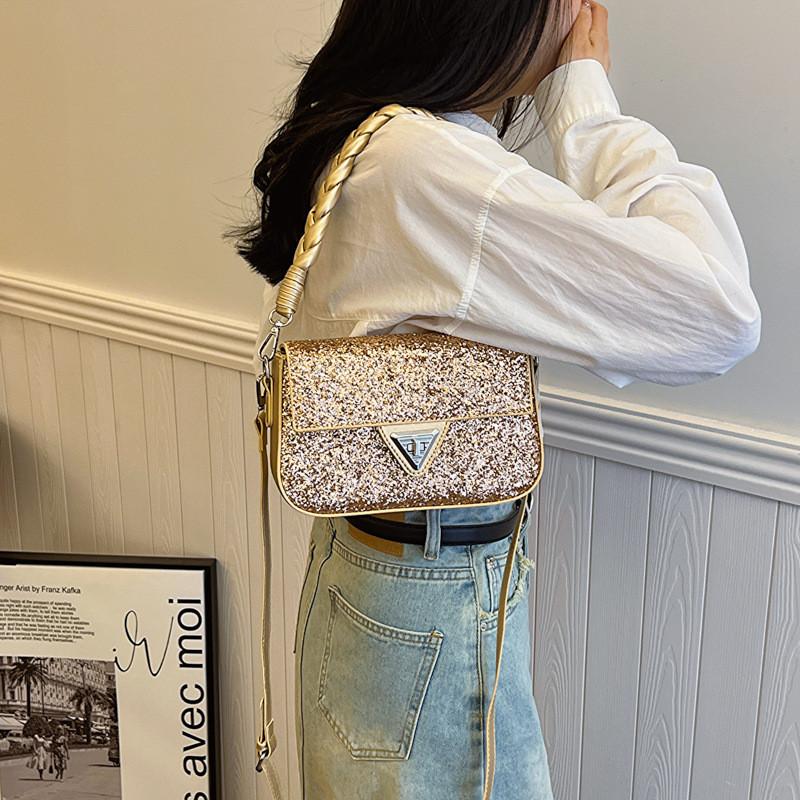 IELGY woven flower handbag, versatile foreign style shoulder crossbody flash sequined small square bag