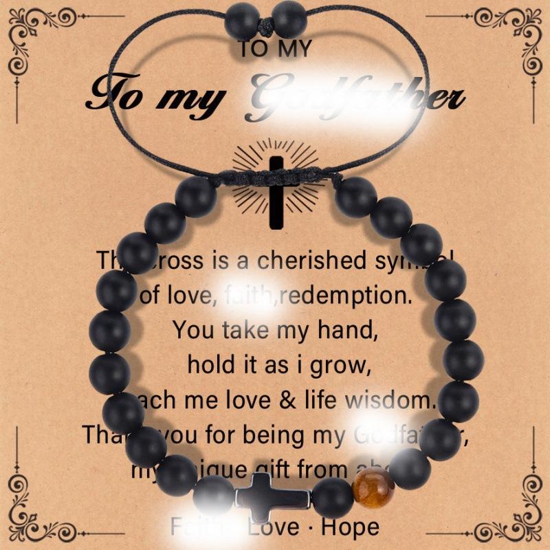 Father's Day Gift Bracelet Black Cross Pendant Black Rope Braided Adjustable 8mm Black Frosted Cross Bracelet