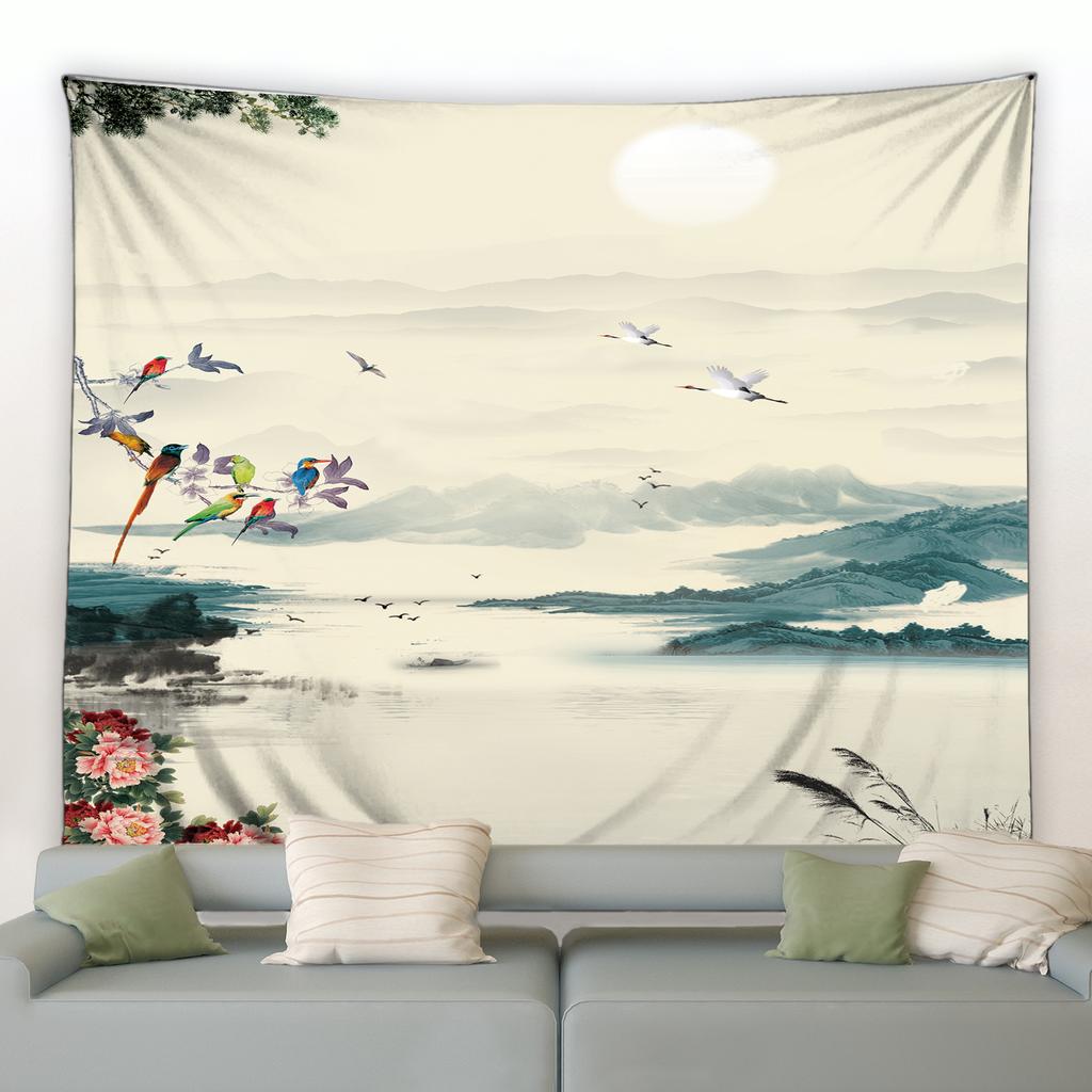 3D Chinese Ink Bamboo Tapestry Birds Red Flowers Mountain Water Natural Landscape Tapestries Dorm Living Room Wall Hanging Black