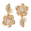 French fashion exquisite asymmetrical drop glaze inlaid pearl rose flower stud earrings women's high sense versatile temperament earrings