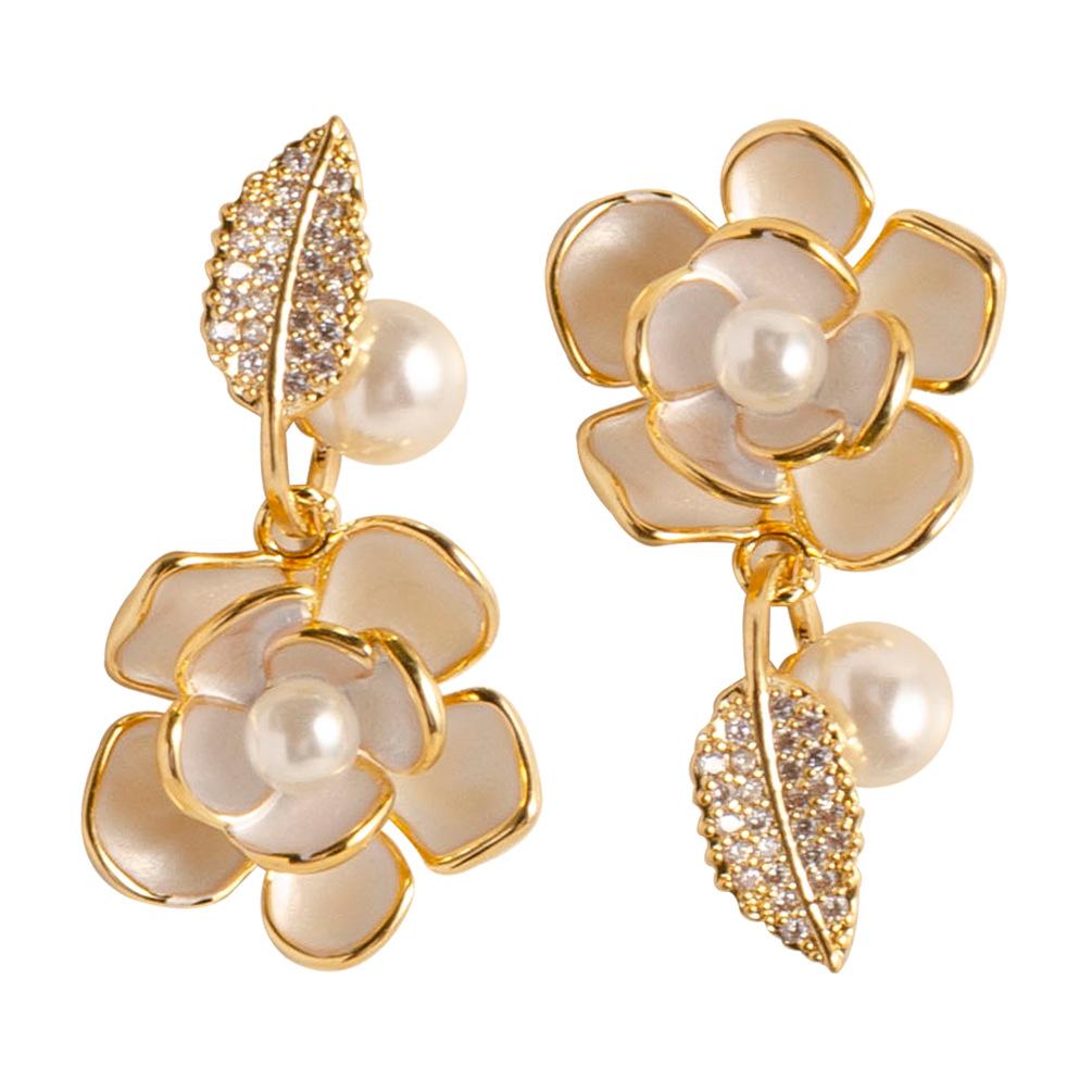 French fashion exquisite asymmetrical drop glaze inlaid pearl rose flower stud earrings women's high sense versatile temperament earrings