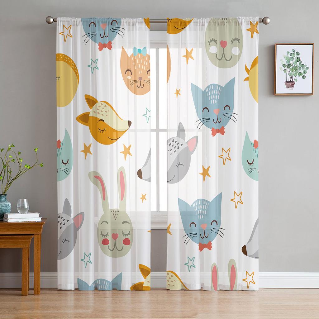 Cartoon Cat Kitty Drapes for Living Room Bedroom Kitchen Decoration Contemporary Kawaii Animal Pet Chiffon Sheer Curtain
