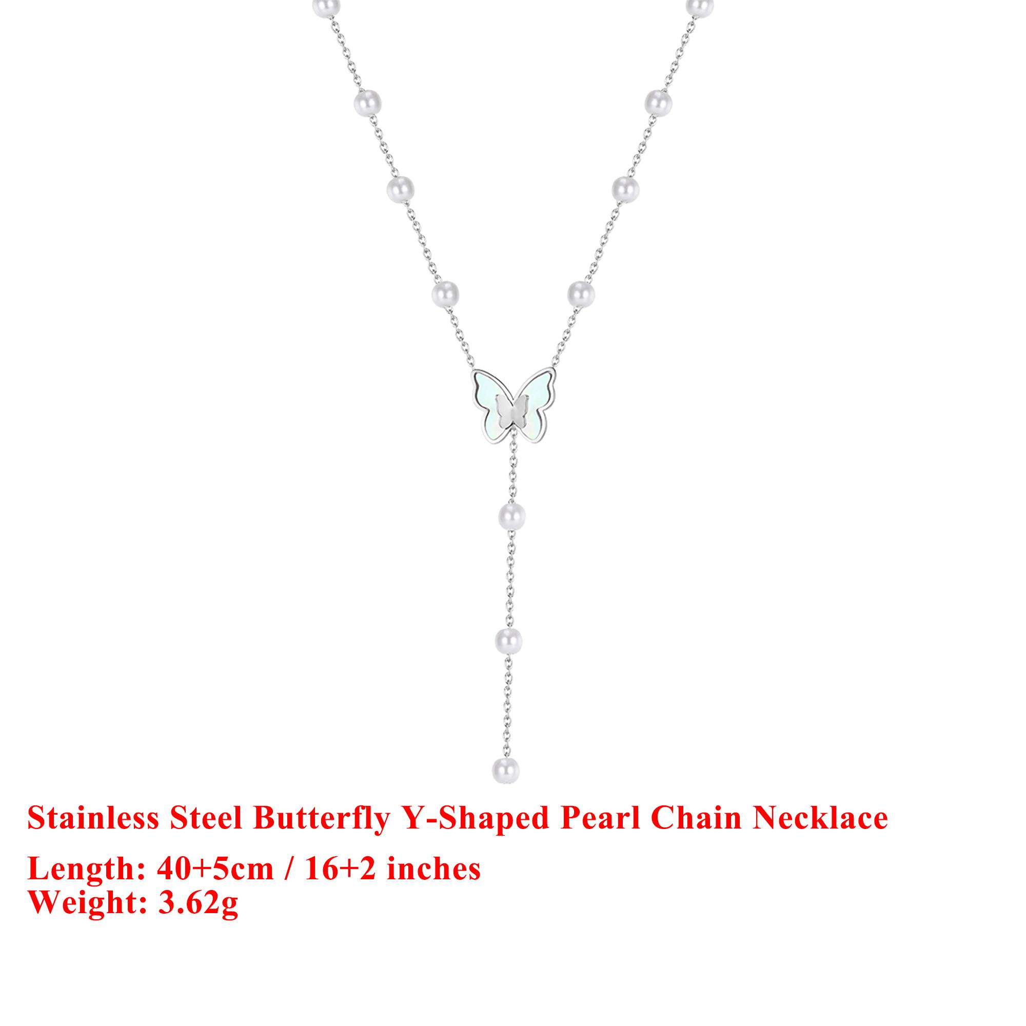 

EFFIE QUEEN Stainless Steel 18k Gold Y-Shaped Butterfly Pearl Chain Necklace Romantic Jewelry for Women Banquet Accessory STPN06 срібний