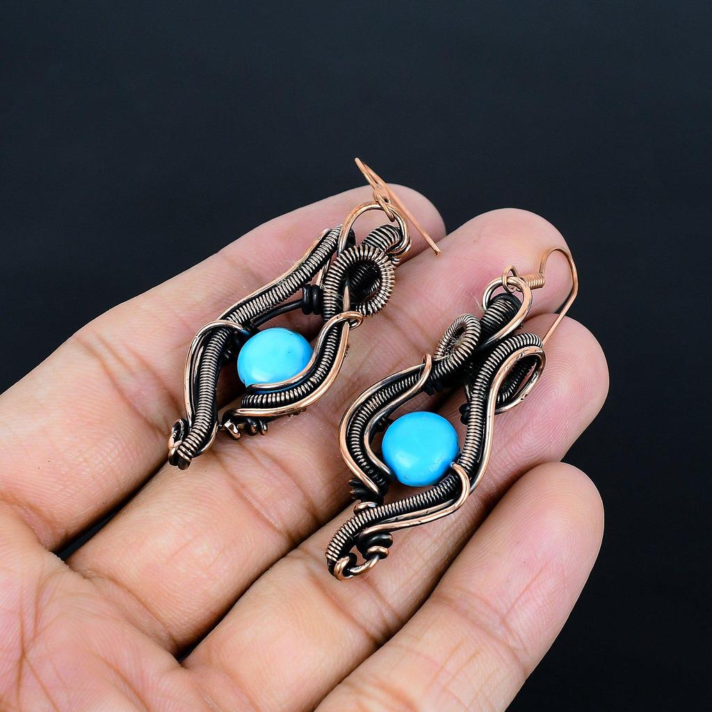 Sleeping Beauty Turquoise Earrings, 999 Copper Wire Wrap Gemstone Jewelry, Handmade Earrings, For Thanksgiving