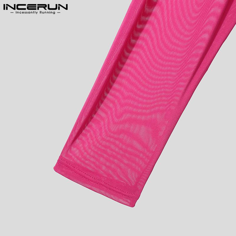 INCERUN Men High Neck Long Sleeve Ruffled See Through Tops Club Party Mesh Irregular T-Shirts