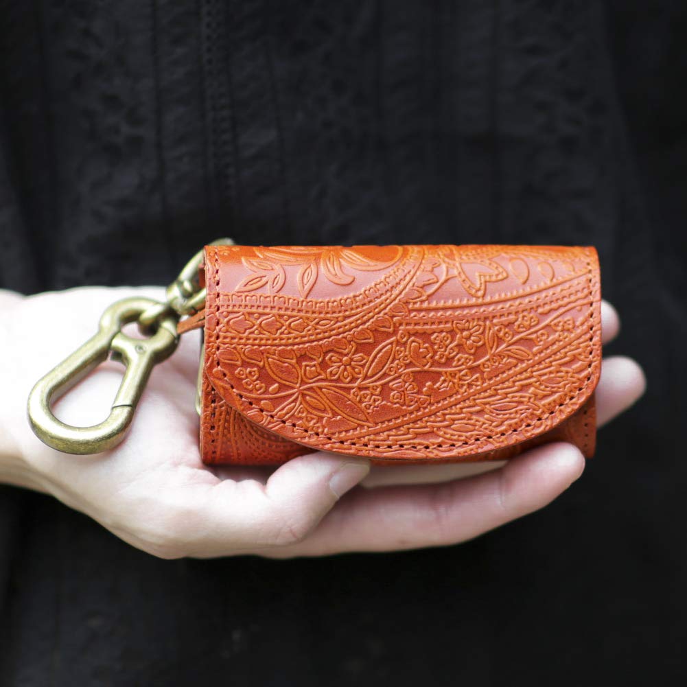 Estojo de Chaves e Moedas Carabiner Paolo Crafted por Vincent, Feito no Japão com Couro Tochigi, Design Paisley (Tamanho Único, Laranja)