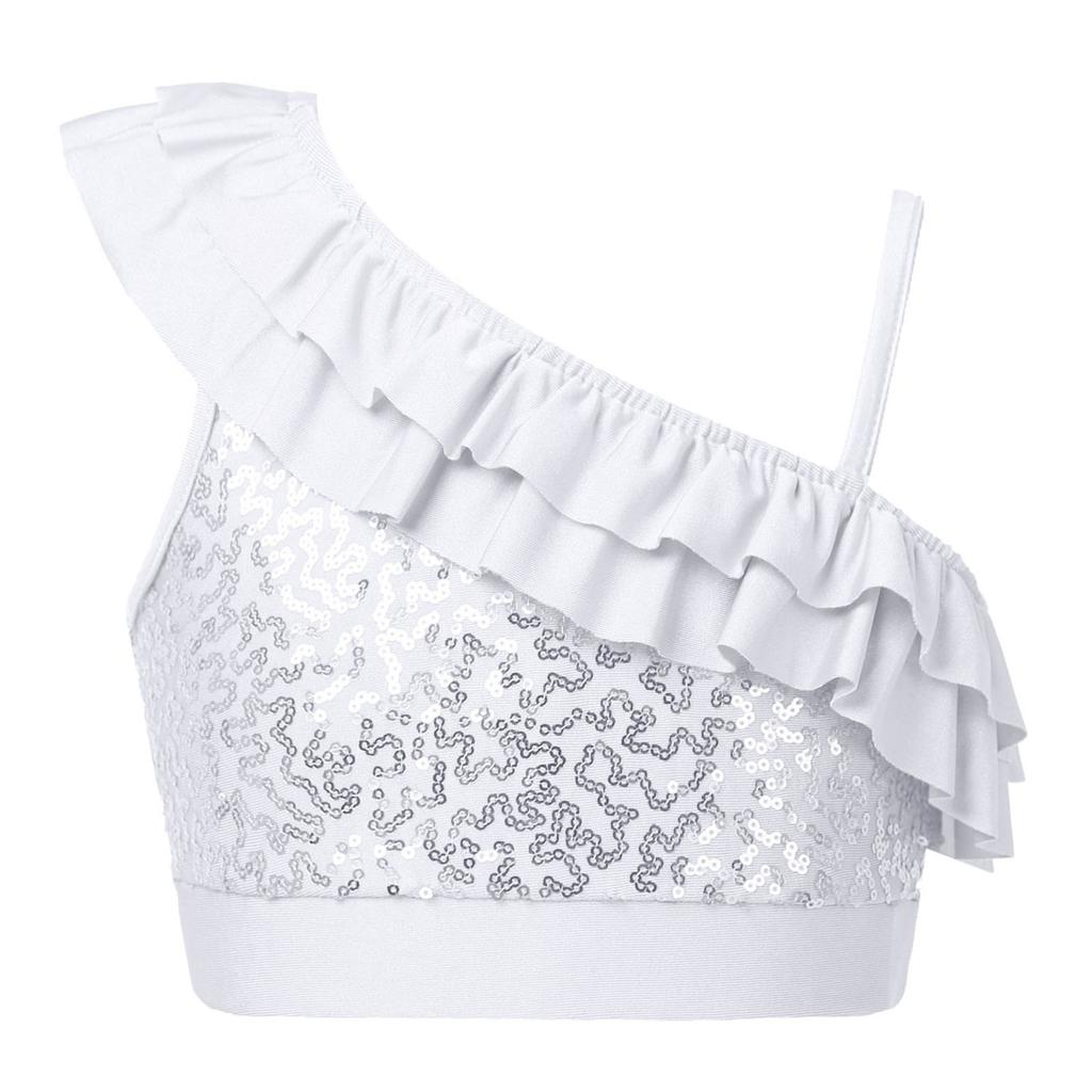 Kids Girls Dance Crop Top Asymmetrical Shoulder Straps Sleeveless Sequins Ruffle Tops Ballet Jazz Dance Stage Performance Wear