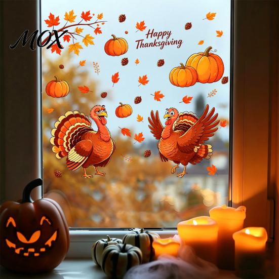 Removable Glass Art Decals Thanksgiving Static Window Clings, Cartoon Double Turkey Pumpkin Maple Leaf No?Glue Autumn Decals, Waterproof Stickers