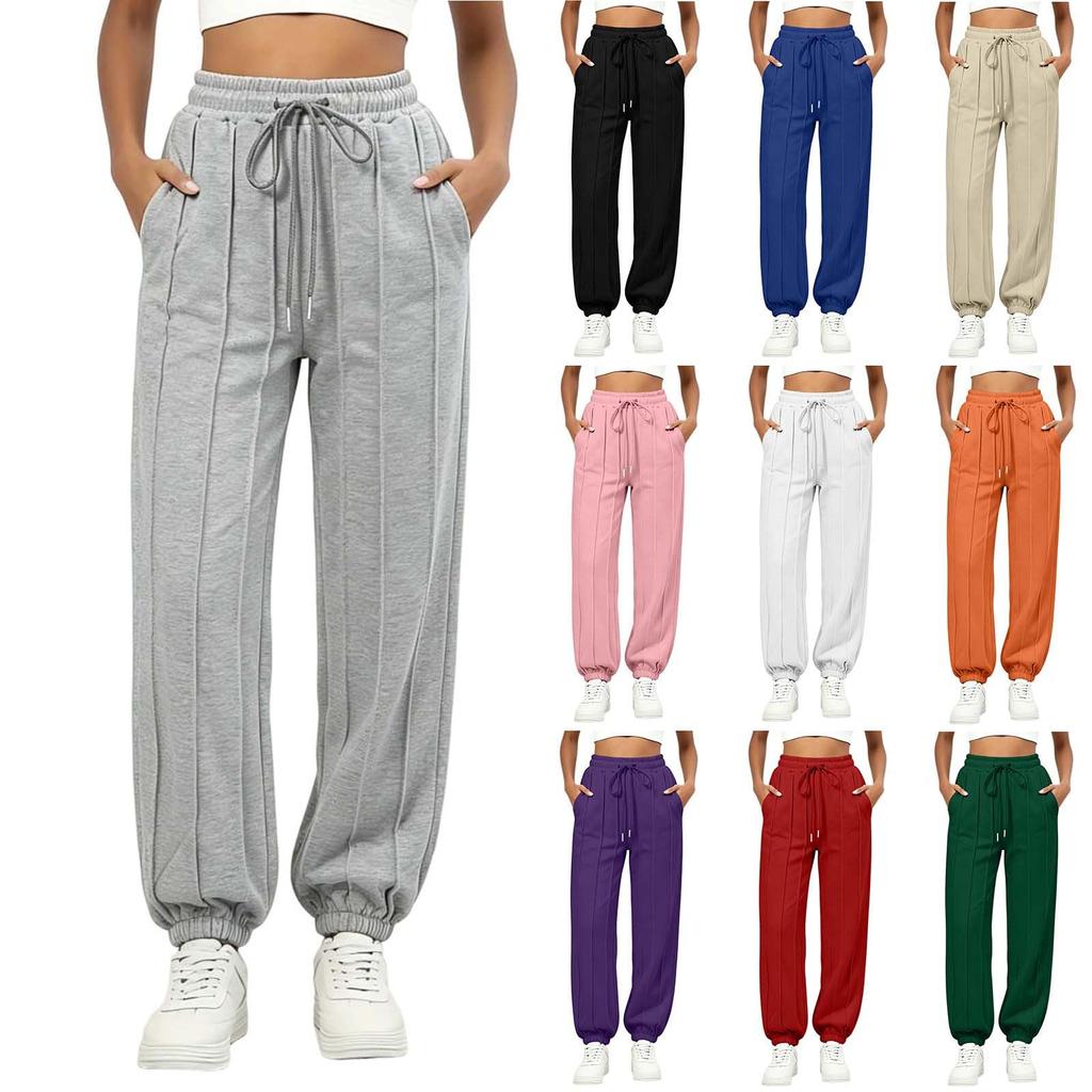 Women's Casual Color Loose Fit Drawstring Pants with Pockets and Tapered Cuffed Hem