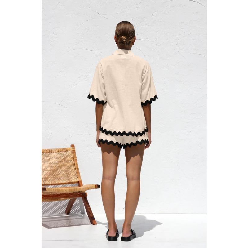 VEZFAA Damenmode Lässig Sommer Frühling Spitze Druck Kurzarm POLO-Kragen Hosenanzüge