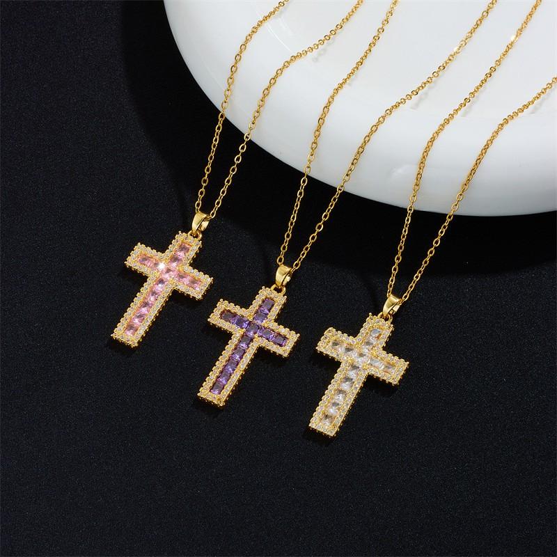Stainless Steel Plated Pendant Necklace Women With Crystal Zircon Cross Charm Fashion Minimalist Locket Chain Jewelry