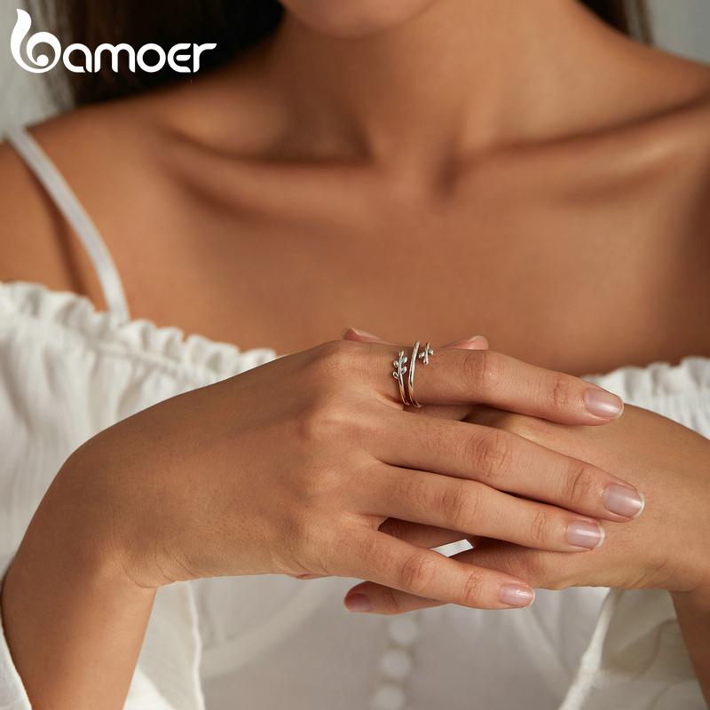 Bamoer 925 Sterling Silver Delicate Elegant Branch Element Adjustable Ring for Women Fine Jewelry