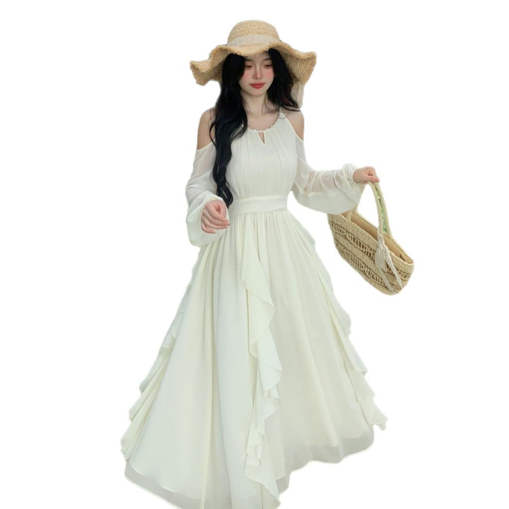 French Off-the-shoulder Super Fairy Vacation Dress, New Neck Sexy and Thin Temperament Pure Desire Style Fairy Dress