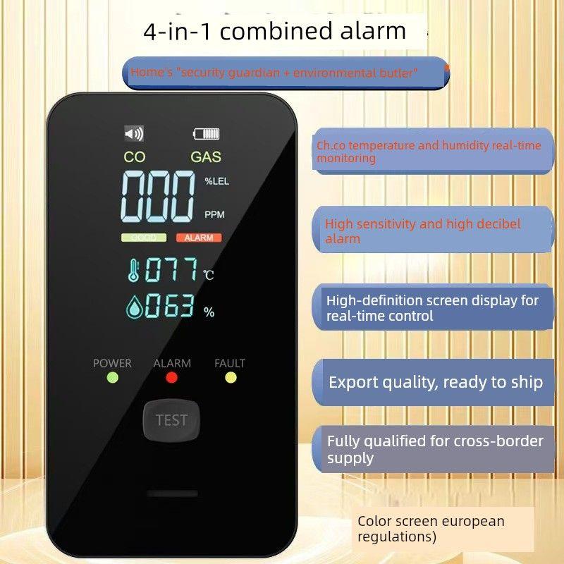 

2026 New Model 5-in-1 Plug-In Gas Smoke Co Carbon Monoxide Alarm with Temperature and Humidity Detection for Home Use Black (European Regulations + Color Screen)