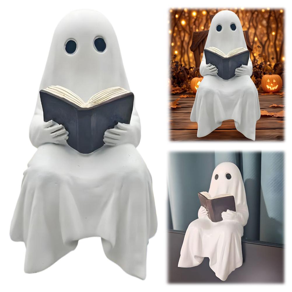 Halloween Resin Cute Ghost Statue Ghost Reading Book Outdoor Statue Miniature Figurine for Tabletop Halloween Decor Ghost Decor