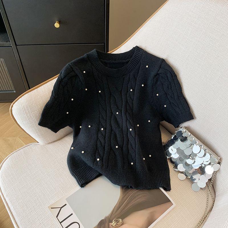 New Arrival Women's Gentle Temperament Crew Neck Pearl Embellished Loose Easiest for Match Short Sleeve Cable-Knit Sweater Sweater T-shirt