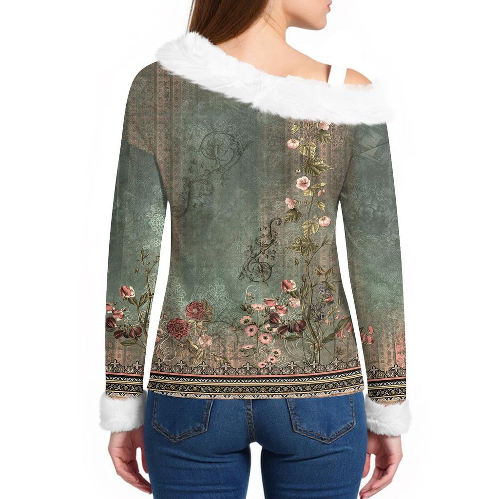 Women's Off-the-shoulder Plush Neck Printed Long-sleeved Pullover T-shirt Top