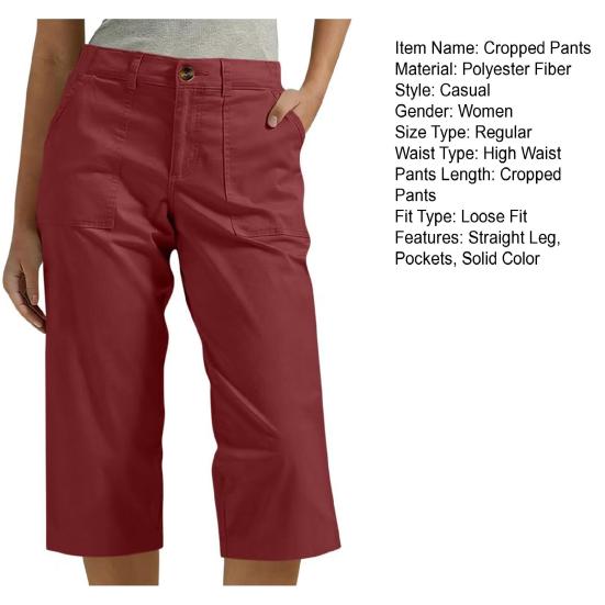Women Cropped Pants with Pockets High Waisted Straight Leg Cargo Pants Loose Fit Knee-length Pants Summer Hiking Travel Pants