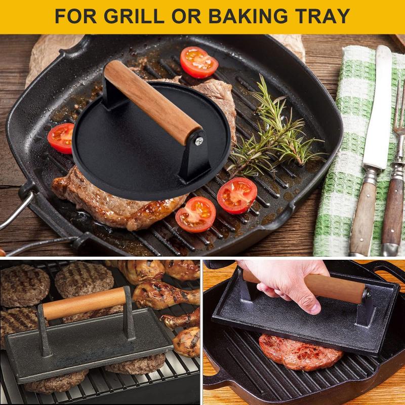 Cast Iron Grill Press Bacon Steak Sandwich Weighted Meat Press Wood Handle BBQ Grilling Accessories Kitchen Gadget Tool