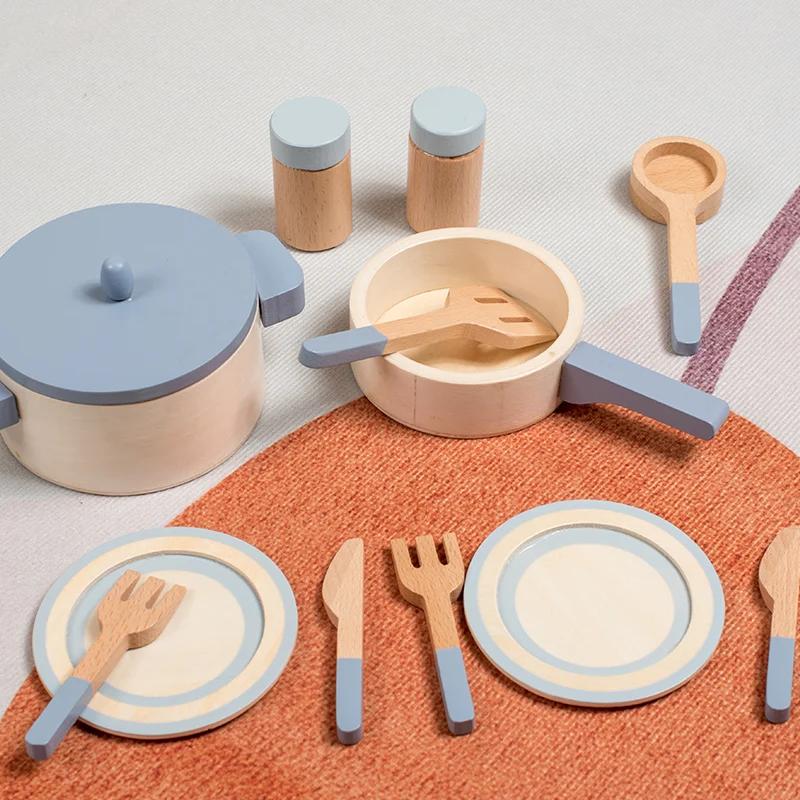 Wooden Kitchen Playset for Kids Educational Role-Play Chef Toys Mini Cookware Pots Pans Simulation Cooking Utensils for Children