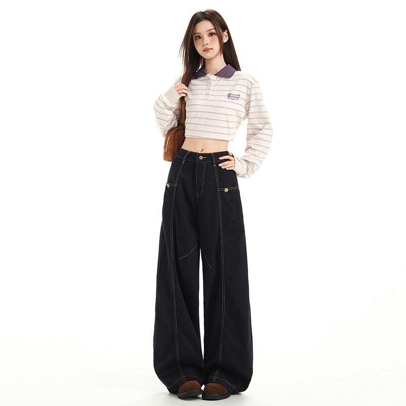 Women's Autumn Retro High Street Loose Fit Straight-Leg Wide Mop Jeans