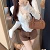 Women's Slim Fit V-Neck T-Shirt with French Lace and Bow Tie Straps - Autumn/Winter Two-Piece Style Top