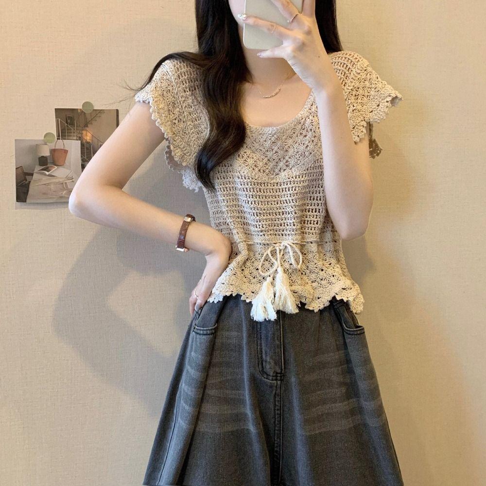 Crochet Knit Crochet Knit Top Tassel Hem Beach Cover Up Fashion Hollow Out Blouse Vacation