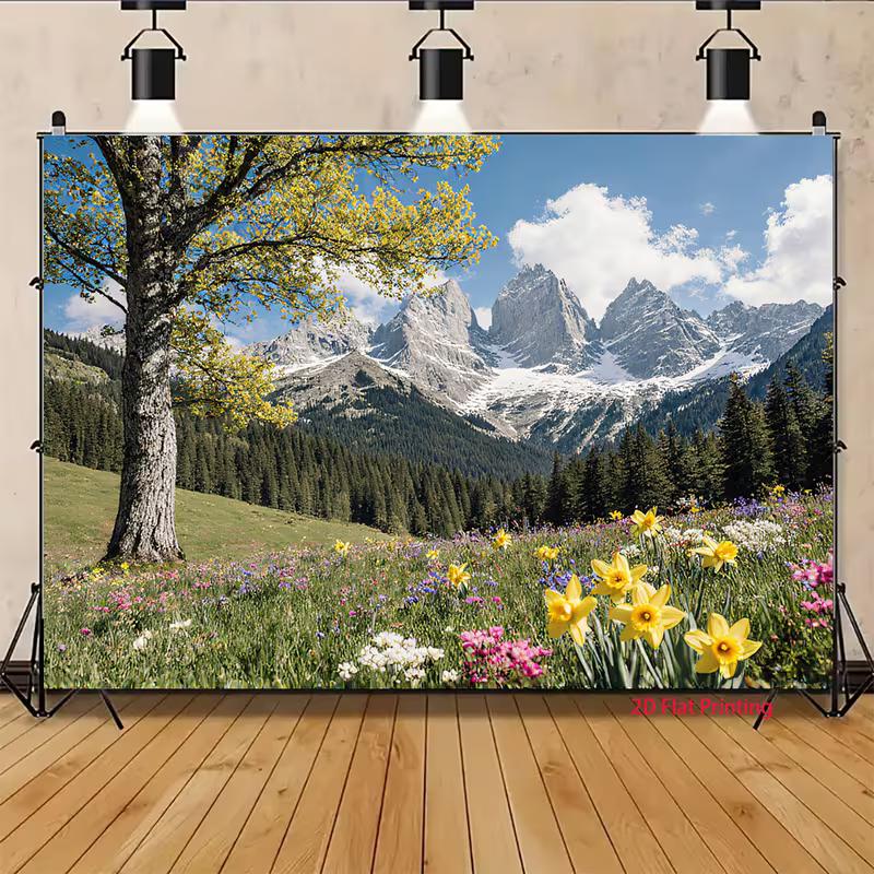 2D Alpine Daffodil Backdrop 2D Snow Mountain Forest Spring Photo Background for Party