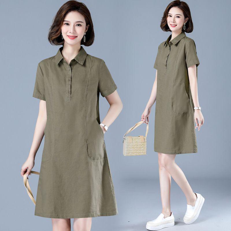 Women's Summer Cotton & Linen Slimming Shirt Dress Set - Short Sleeve, Straight Skirt, Lapel Design, 2025 Collection