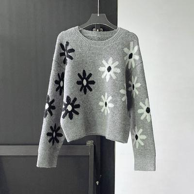 Damen Herbst- und Wintermode Vielseitiger Französischer Rundhals Langarm Pullover Gänseblümchen Jacquard Grau Strickpullover