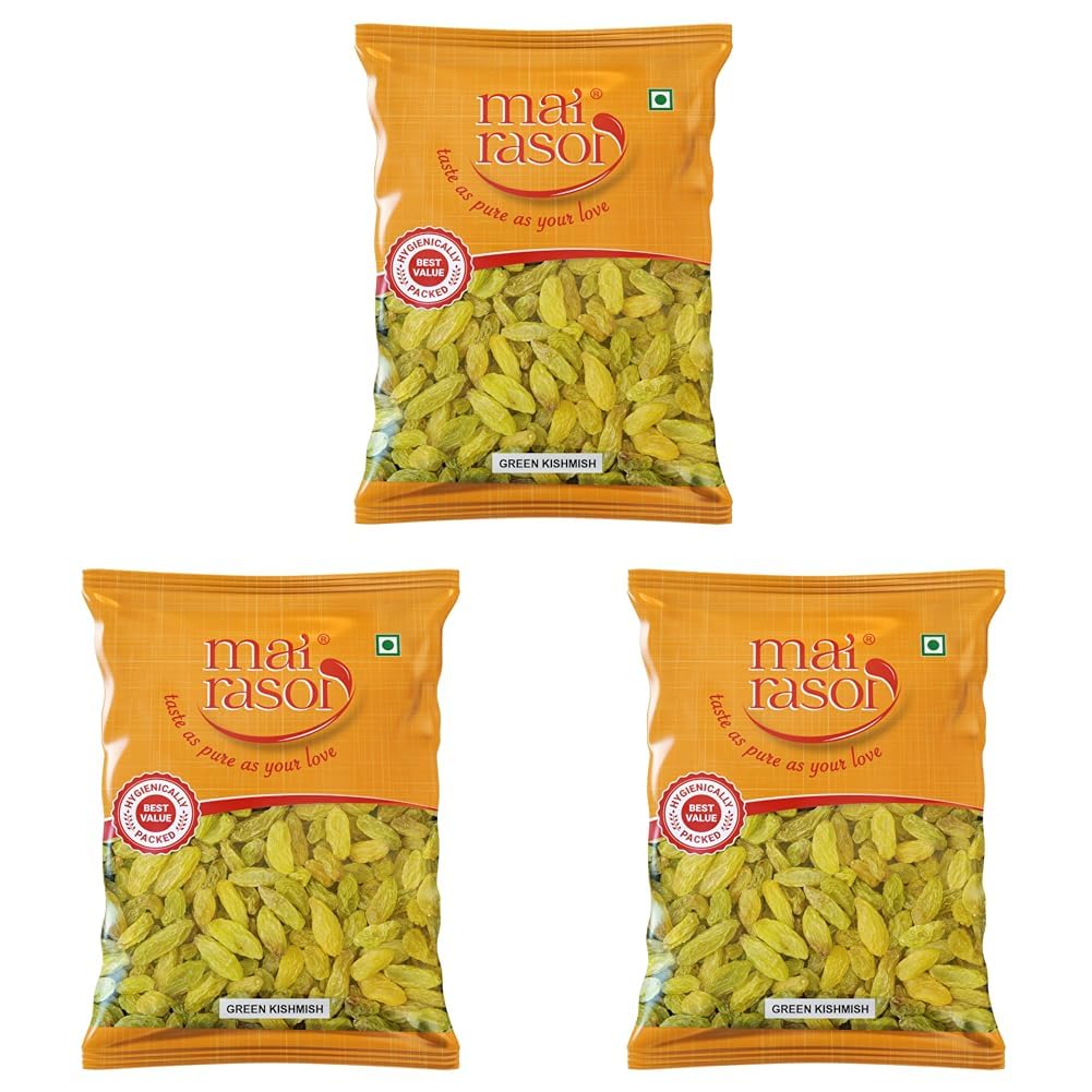 MAI RASOI Premium Golden Green Seedless Raisins 200 Gm X Pack Of 3 Healthy Snack For Baking Desserts And Daily Use