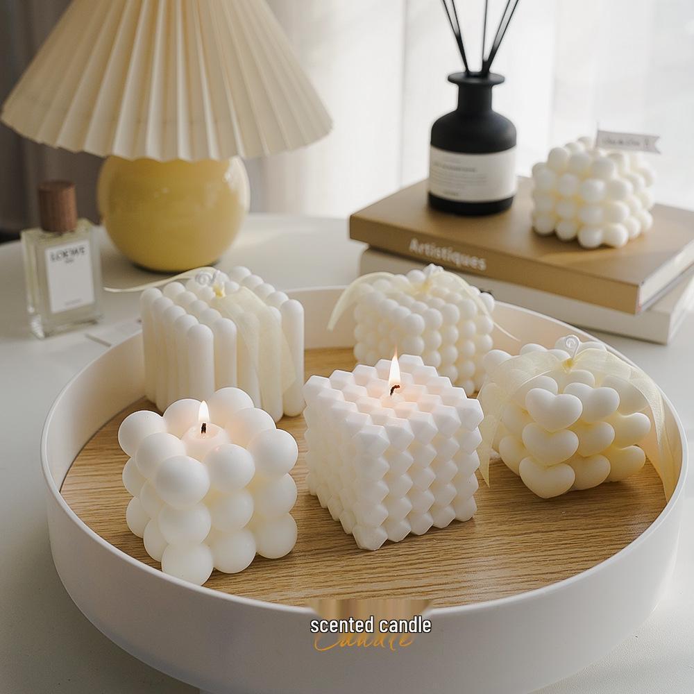 Rubik's Cube Aromatherapy Candle - Soy Wax White Geometric Ornament & Home Decor Candle