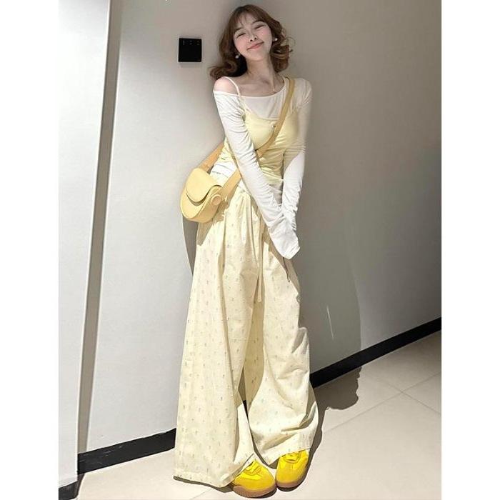 Yellow polka dot wide-leg pants women s spring 2026 new high-waisted Yamamoto pants drape summer dopamine casual ice silk S