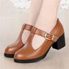 2025 Summer Soft Leather Non-slip Medium Heel T-shaped Buckle Leather Shoes High Heel Round Head Thick Heel Middle-aged Mother Single Shoes Women