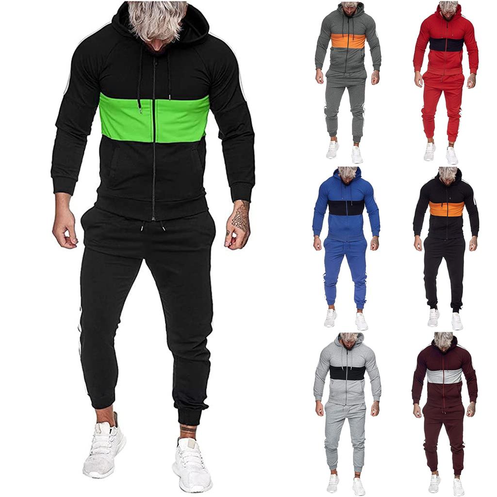 Men's Spring & Round Neck Hooded Colour Blocking Cardigan Sweatshirt Suit