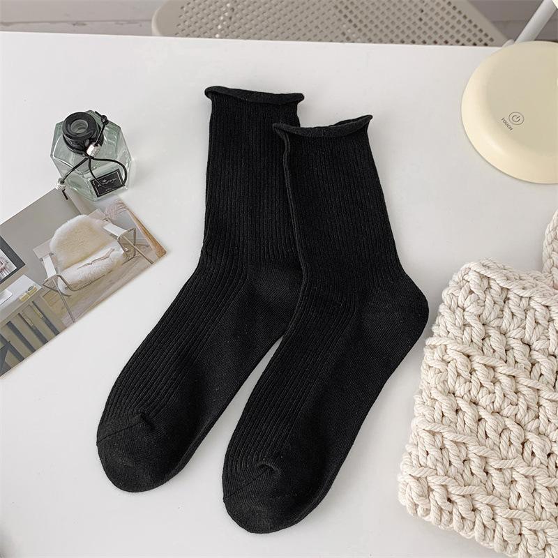 Rolowane Skarpety z Puszystej Bawełny dla Kobiet, Skarpety Bawełniane do Połowy Łydki Jednokolorowe na Wiosnę i Jesień, Beżowe Proste i Uniwersalne Długie Skarpety, Lato
