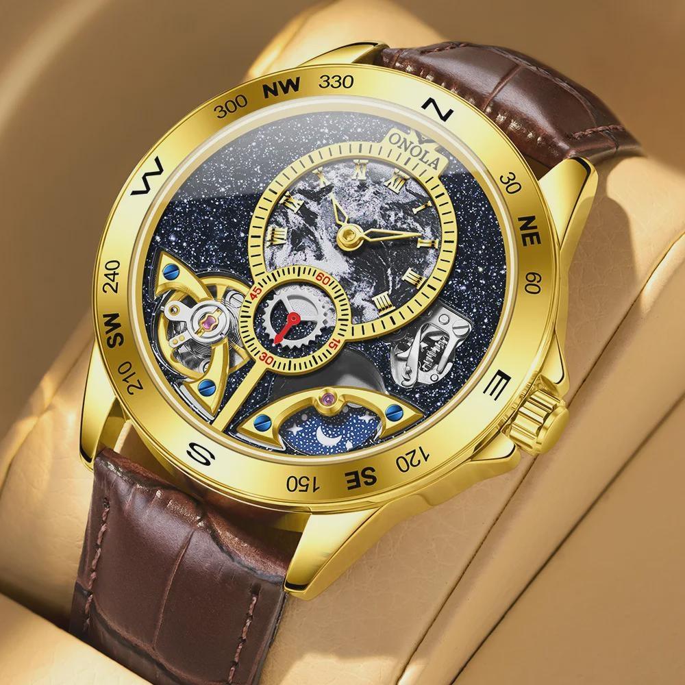 Luxury Double Tourbillon Mechanical Watch Men Business Leather Starry Sky Dial Waterproof Men Automatic Watch