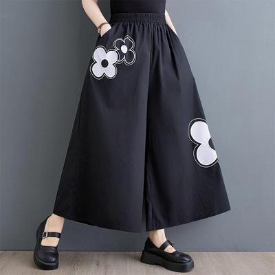 Black Cotton Plus Size Vintage Floral High Waist Casual Loose Summer Wide Leg Pants Women Trousers