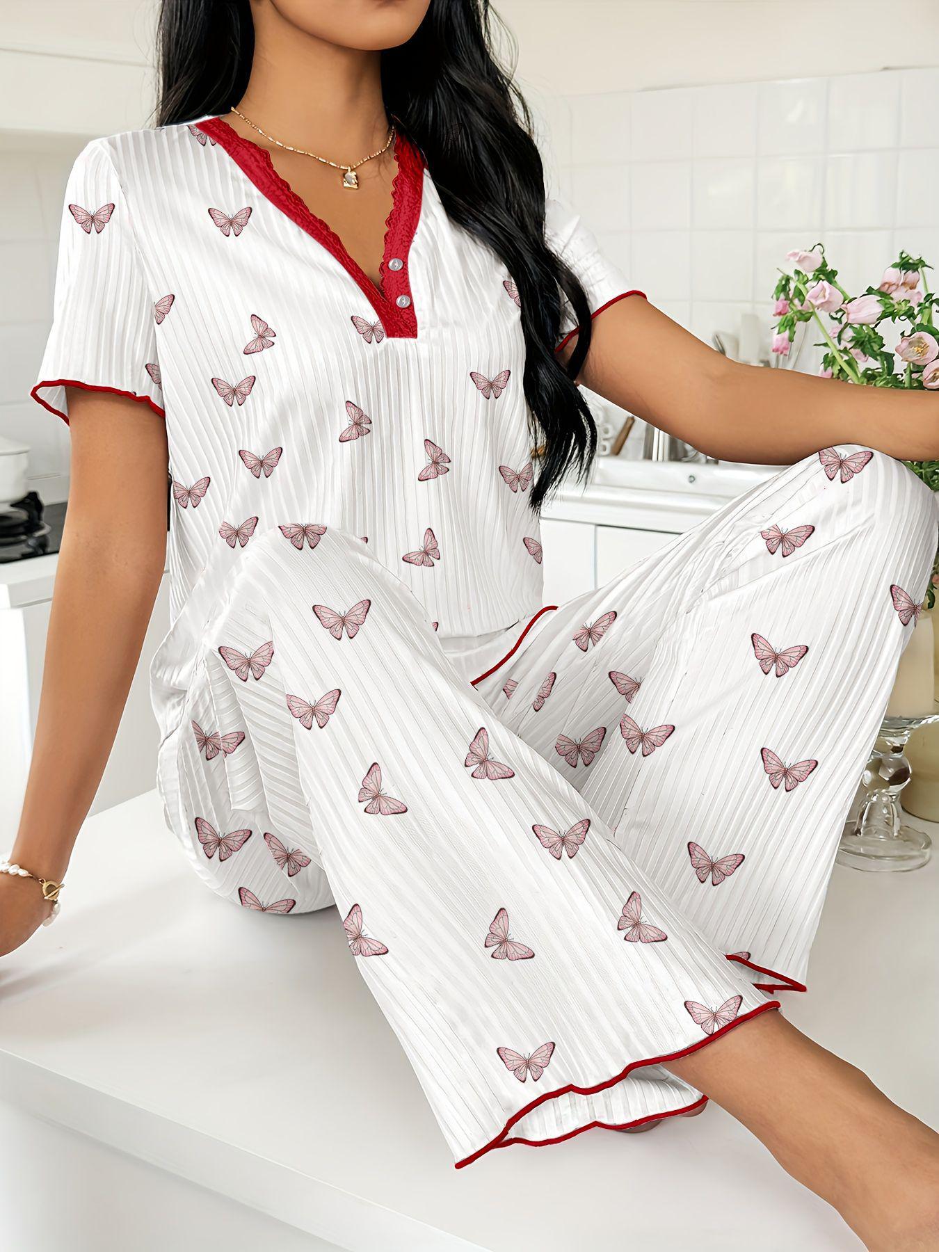 

Women s Printed Short Sleeve Pajama Set with Long Pants – Comfortable Stretchy Loungewear S