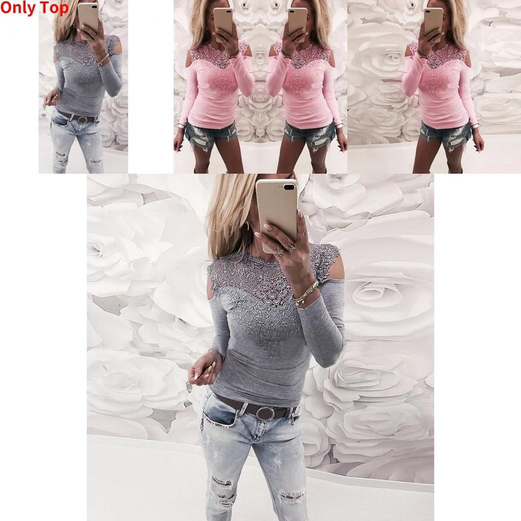 Elegant Spring Collection Sexy Lace Shoulder Cutout Cotton T-shirt Top In Gray Pink White And Black