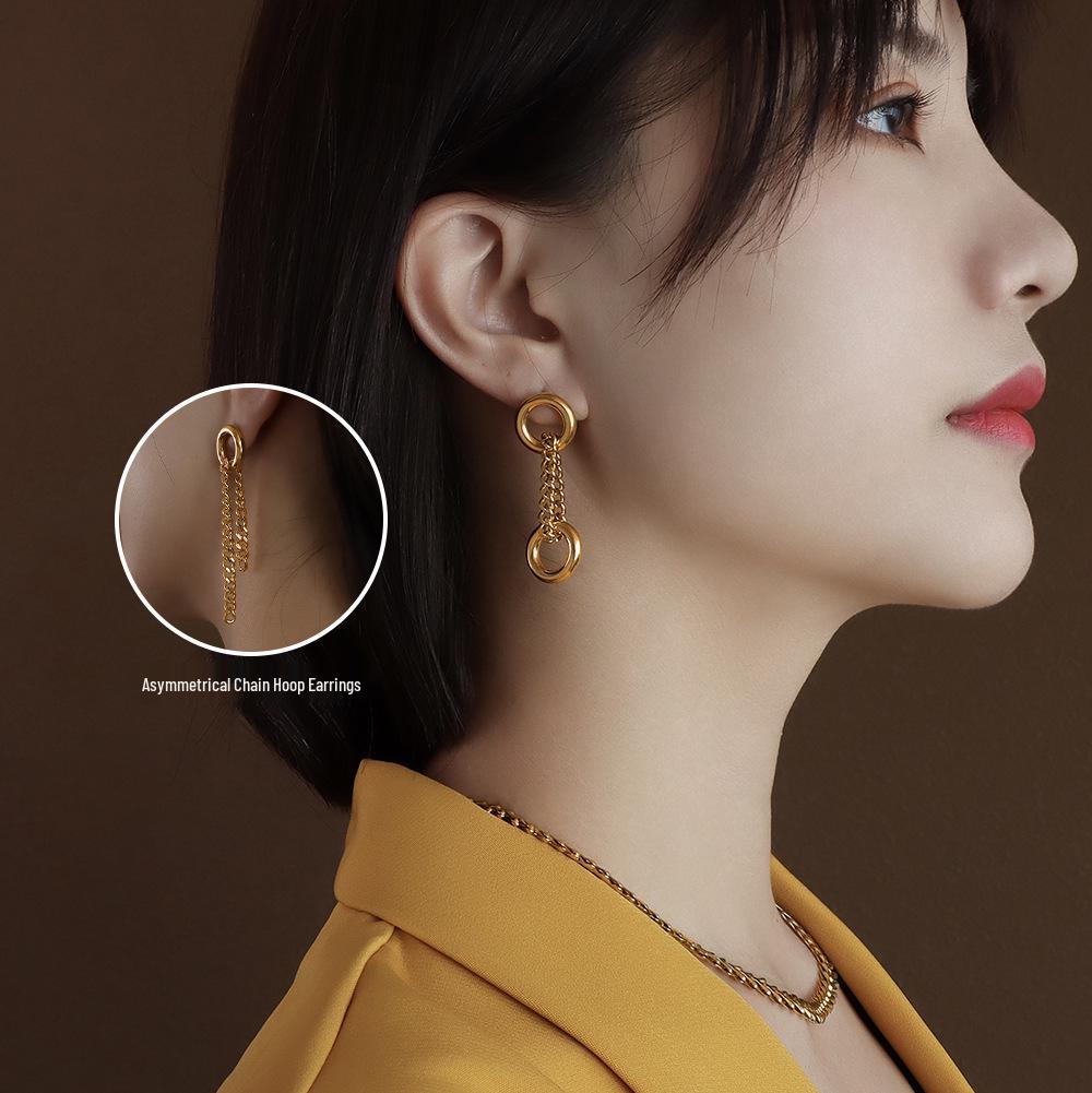 18K Gold Asymmetrical Double Ring Chain Earrings – European & American Style
